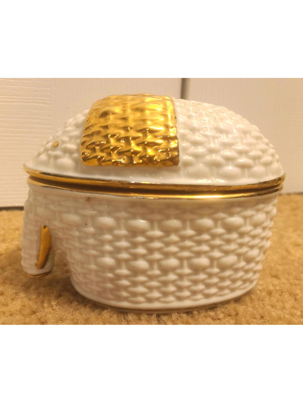 Enesco 18k Gold Decorated Glass Elephant Basket Weave Trinket Jewelry Box